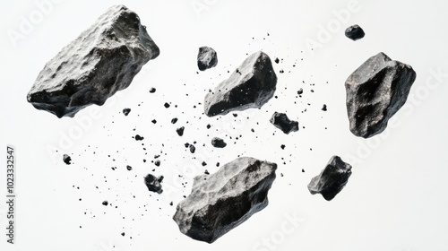 Multiple asteroids with rugged textures flying through space, isolated on white