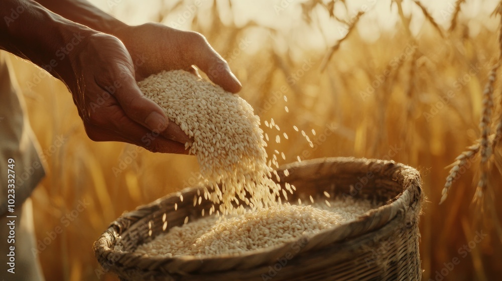 Traditional rice harvesting with background wheat field