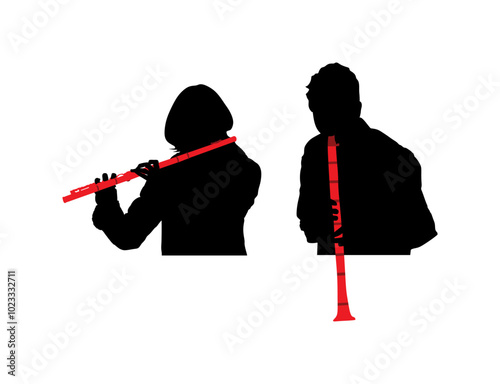 Artist boy playing clarinet duet with flutist girl vector silhouette illustration isolated. Performer flute clarinet shape shadow. Musician flutist man woman audio art. Artist blowing wind instrument.