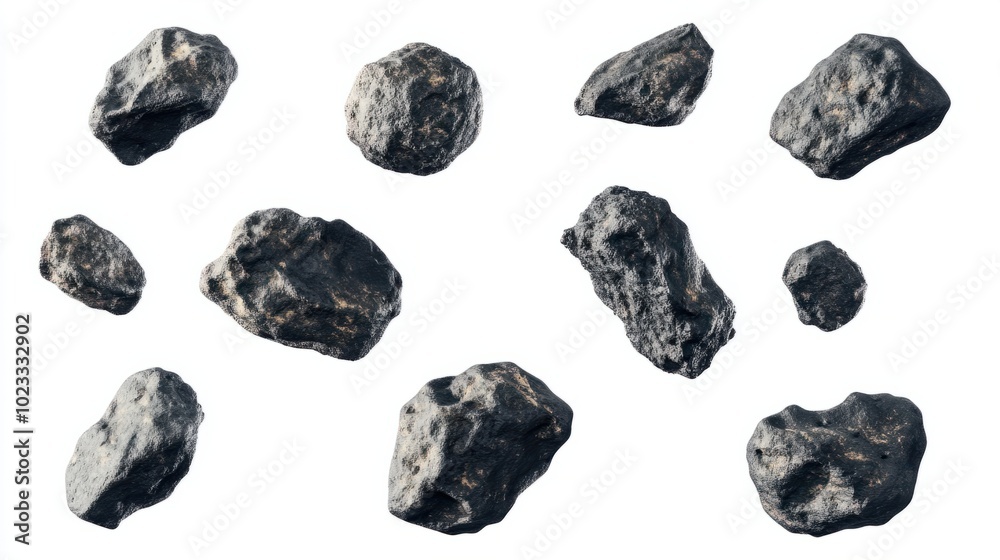 Multiple flying asteroids with rough textures isolated on a simple white background Multiple flying asteroids with rough textures isolated on a simple white background