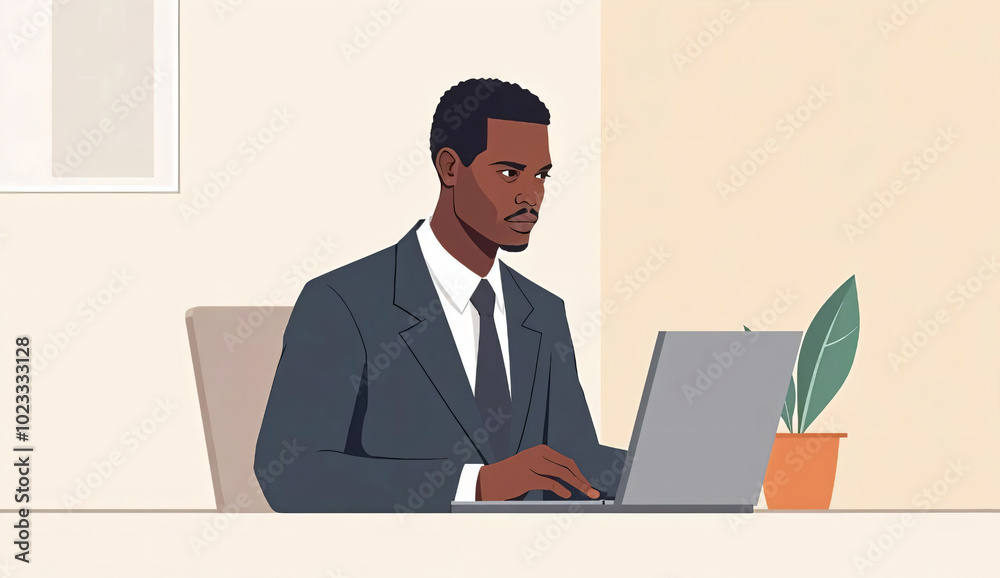 Focused black businessman working on laptop at desk Focused black businessman working on laptop at desk