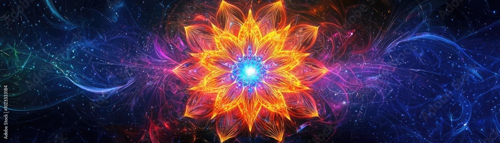 A vibrant cosmic flower radiates energy, showcasing intricate patterns and vivid colors against a dark, starry background. A vibrant cosmic flower radiates energy, showcasing intricate patterns and vivid colors against a dark, starry background.