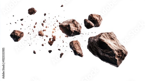 Rocky asteroids in flight, isolated against a clean white background