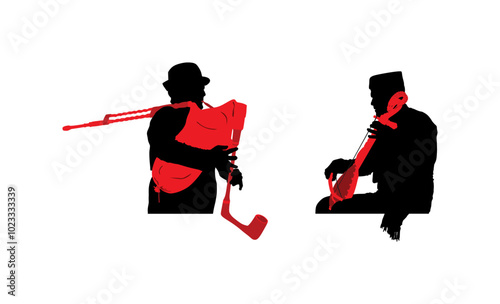 Boy guslar play gusle duet with bagpipe bagpiper man vector silhouette illustration isolated. Traditional music instrument Montenegro Serbia. Balkan singer musician player. Folklore artist shape.