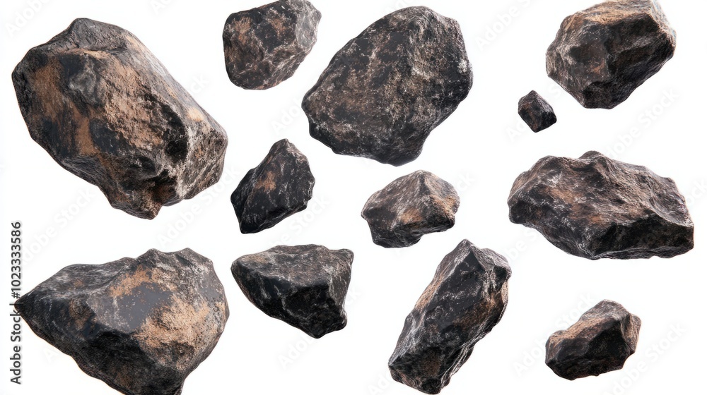 Rough-edged flying asteroids in various sizes, isolated on white Rough-edged flying asteroids in various sizes, isolated on white