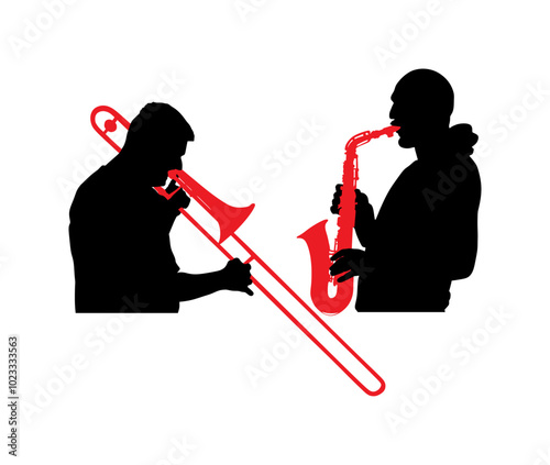 Duo Trombone and trumpet players vector silhouette illustration isolated. Duet Music man play wind instrument. Artist boy jazz band. Bugler street performer. Saxophone musician shape shadow play.