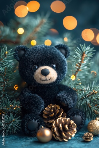 A cute black teddy bear sits among pine branches and festive decorations, capturing the warmth of the holiday season and charm of stuffed toys.