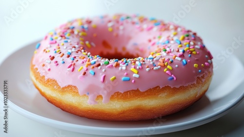 A mouthwatering doughnut topped with pink frosting and a generous sprinkle of colorful toppings sits enticingly on a white plate, tempting with its sugary charm.