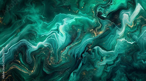 Abstract Green and Gold Swirling Liquid Marble Texture