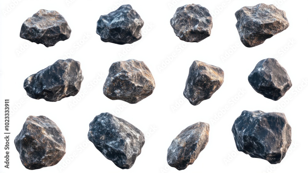 Set of flying asteroids with rough textures moving through space, isolated on white Set of flying asteroids with rough textures moving through space, isolated on white