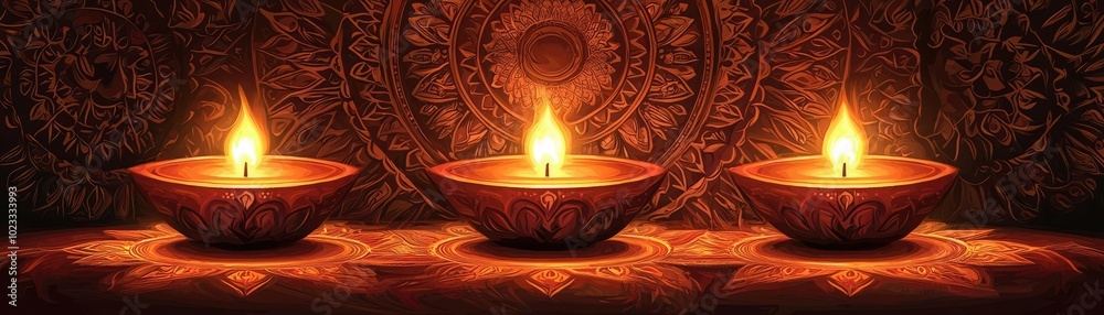 Three glowing candles illuminate a decorative background, creating a serene and peaceful atmosphere for relaxation and meditation. Three glowing candles illuminate a decorative background, creating a serene and peaceful atmosphere for relaxation and meditation.