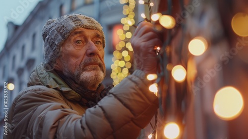 A man in a hat and coat is hanging Christmas lights