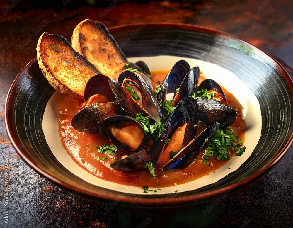Mussels in tomato sauce on a plate with fried baguette toast.