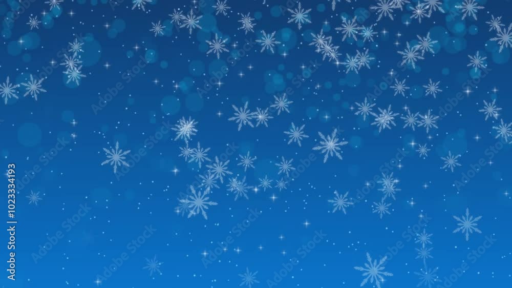 Blue Christmas background with glittering white particles and snow flakes.