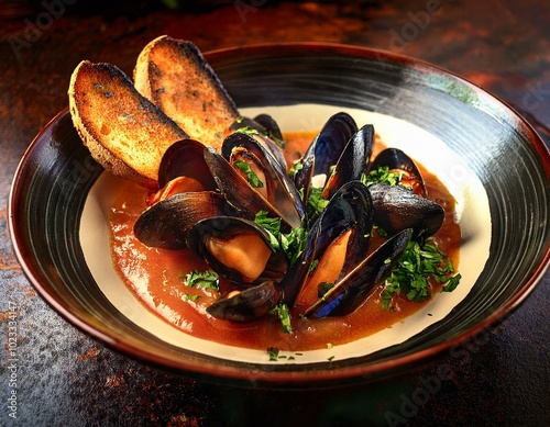 Obraz na płótnie Mussels in tomato sauce on a plate with fried baguette toast. w salonie