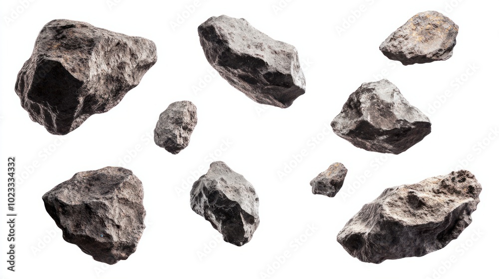 Set of rugged asteroids in flight, isolated on a clean white background Set of rugged asteroids in flight, isolated on a clean white background