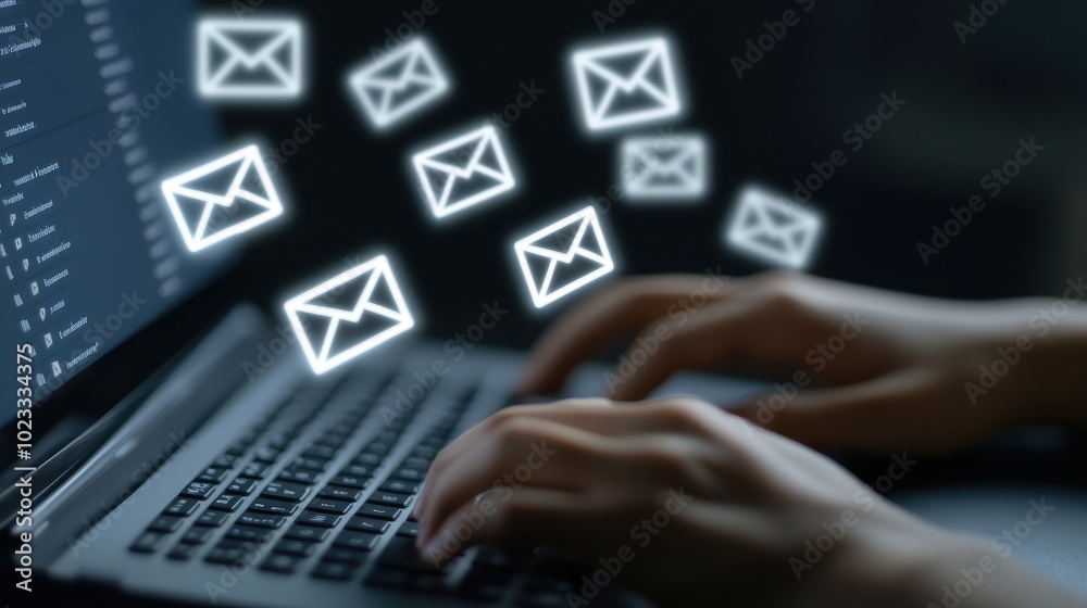 Hands Typing on Laptop with Glowing Email Icons Hands Typing on Laptop with Glowing Email Icons