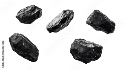 Set of rugged asteroids in flight, isolated on a clean white background