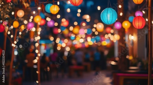 A vibrant outdoor party with colorful lights and decorations, where friends celebrate the new year joyfully.