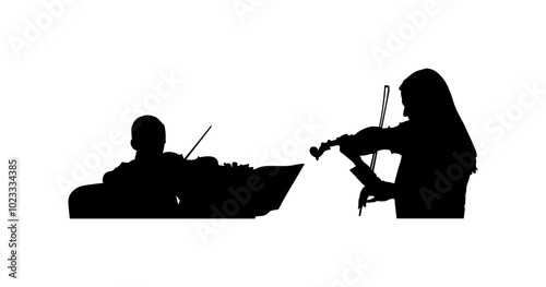 Tandem woman and boy violin duet playing silhouette vector illustration isolated. Class music lesson teacher lady and boy duo performer concert. Musician artist girl violin virtuoso violinist shape.