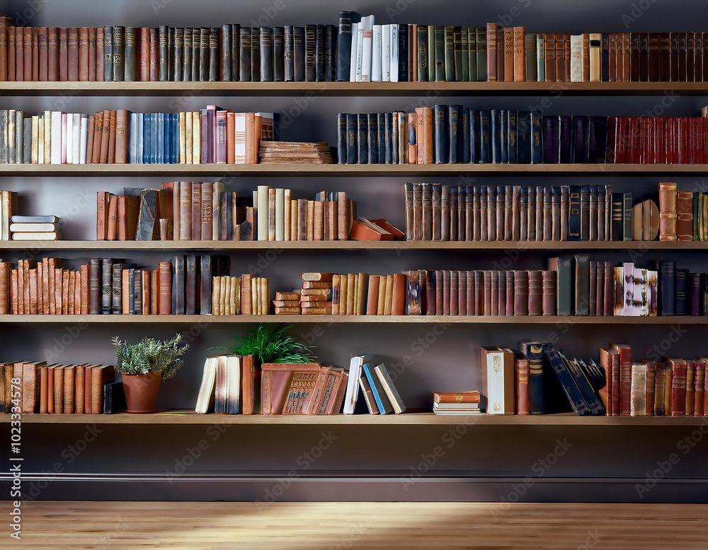 Bookshelves with books and houseplant in vase in and old library. Vintage bookshelves. Bookshelves with books and houseplant in vase in and old library. Vintage bookshelves.