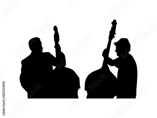Tandem man playing contrabass duet vector silhouette illustration isolated. Music men contra bass duo concert shape. Double bass performer amusement entertainment. Classic musician string instrument.