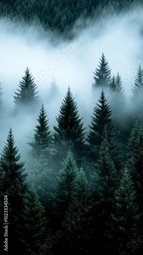 Fog and clouds on mountain. Misty landscape with fir forest. Beautiful landscape