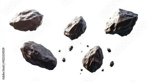 Set of rugged, flying asteroids soaring through space against a clean white backdrop