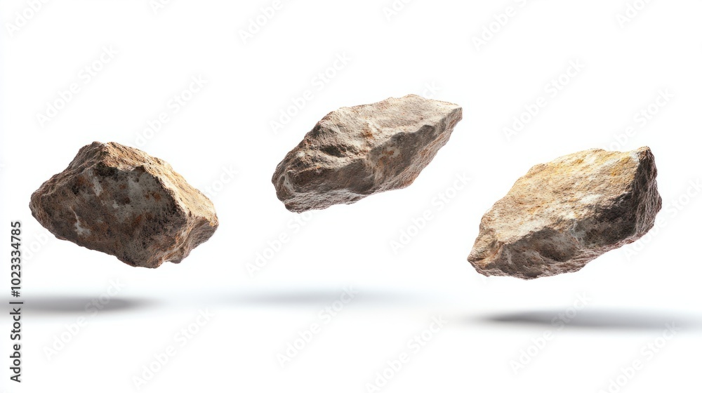 Trio of rocky asteroids in flight, floating against a pure white background