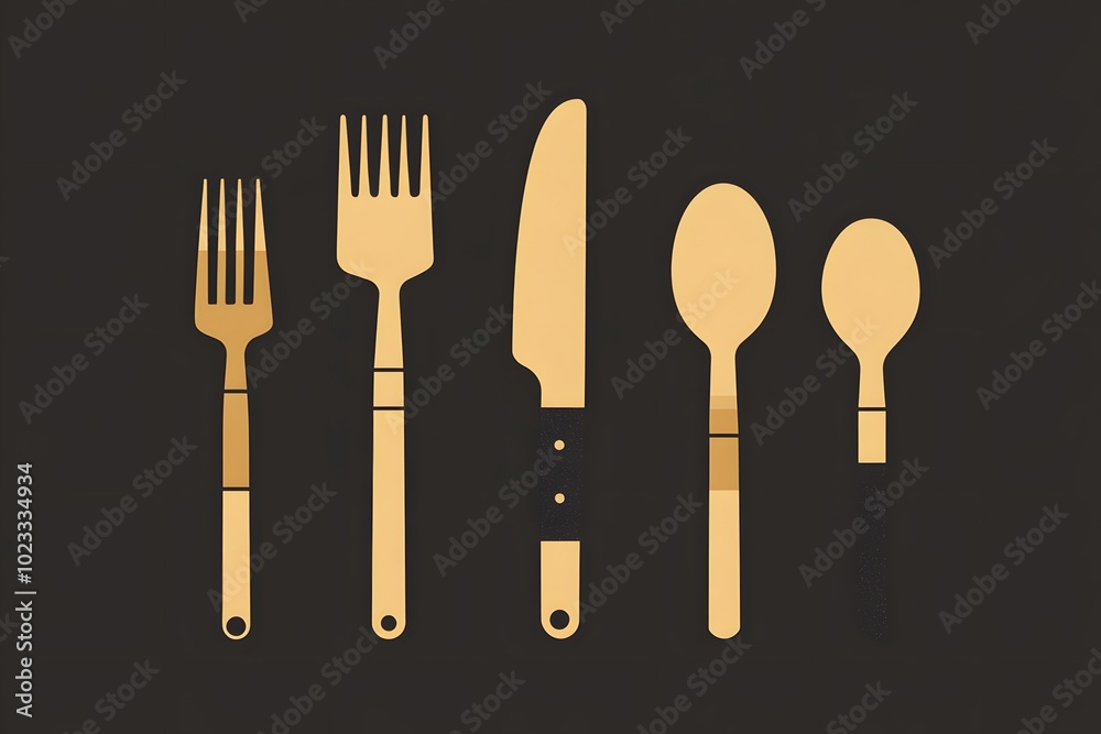 A set of gold cutlery: fork, knife, and spoon A set of gold cutlery: fork, knife, and spoon