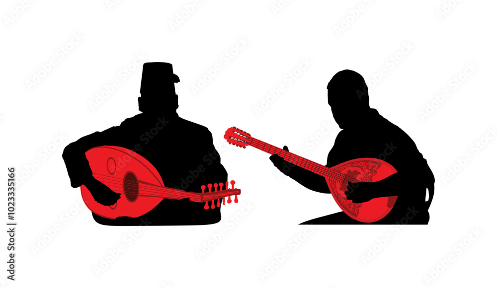 Greek traditional string instrument bouzouki player duet with oud lute mandola Turkish oriental performer vector silhouette isolated. Musician man artist folklore music. Greece folk. Baglama zurna.
