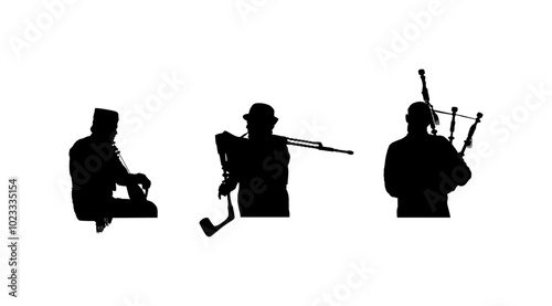 Boy guslar play gusle trio with bagpipe bagpipers man vector silhouette illustration isolated. Traditional music instrument Montenegro Serbia. Balkan singer musician players. Folklore artist shape.