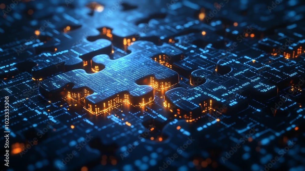 Two Puzzle Pieces Connected Representing AI and Business Integration in Data Center Management with Glowing Binary Code Background Two Puzzle Pieces Connected Representing AI and Business Integration in Data Center Management with Glowing Binary Code Background