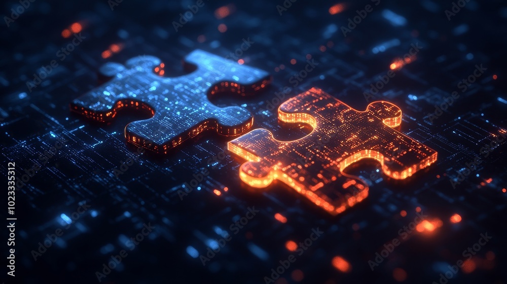 Two Puzzle Pieces Connected Representing AI and Business Integration in Data Center Management with Glowing Binary Code Background Two Puzzle Pieces Connected Representing AI and Business Integration in Data Center Management with Glowing Binary Code Background