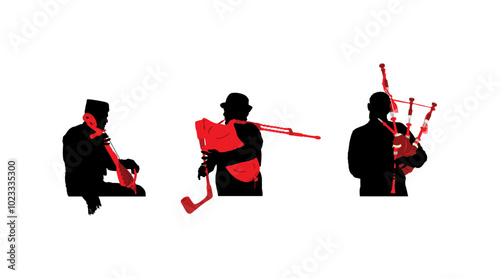Boy guslar play gusle trio with bagpipe bagpipers man vector silhouette illustration isolated. Traditional music instrument Montenegro Serbia. Balkan singer musician players. Folklore artist shape.
