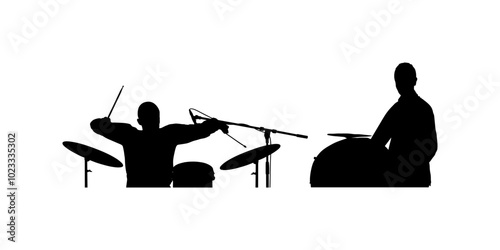 Rock and roll drummer duet with traditional drummer vector silhouette illustration isolated. Musicians play drums shape shadow on stage. Super star music vs folklore concert show. Drummer players.