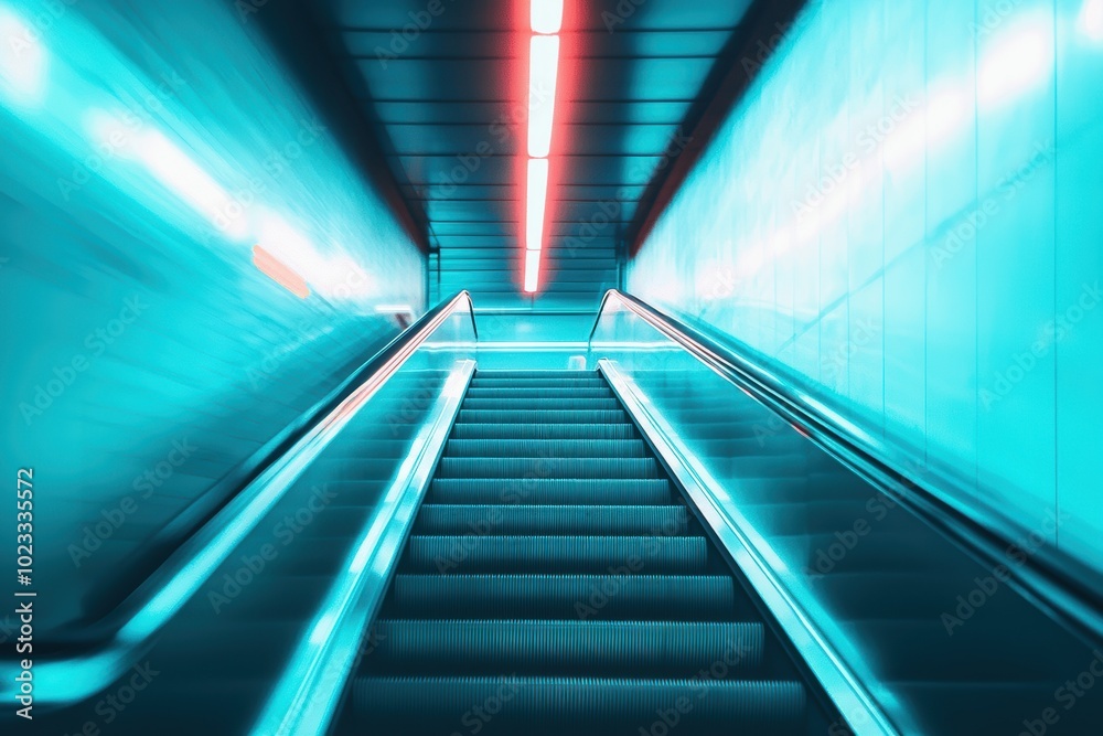 Fototapeta premium A striking view of an escalator ascending through an abstract, illuminated tunnel. The vibrant turquoise and red lights create an artistic atmosphere.