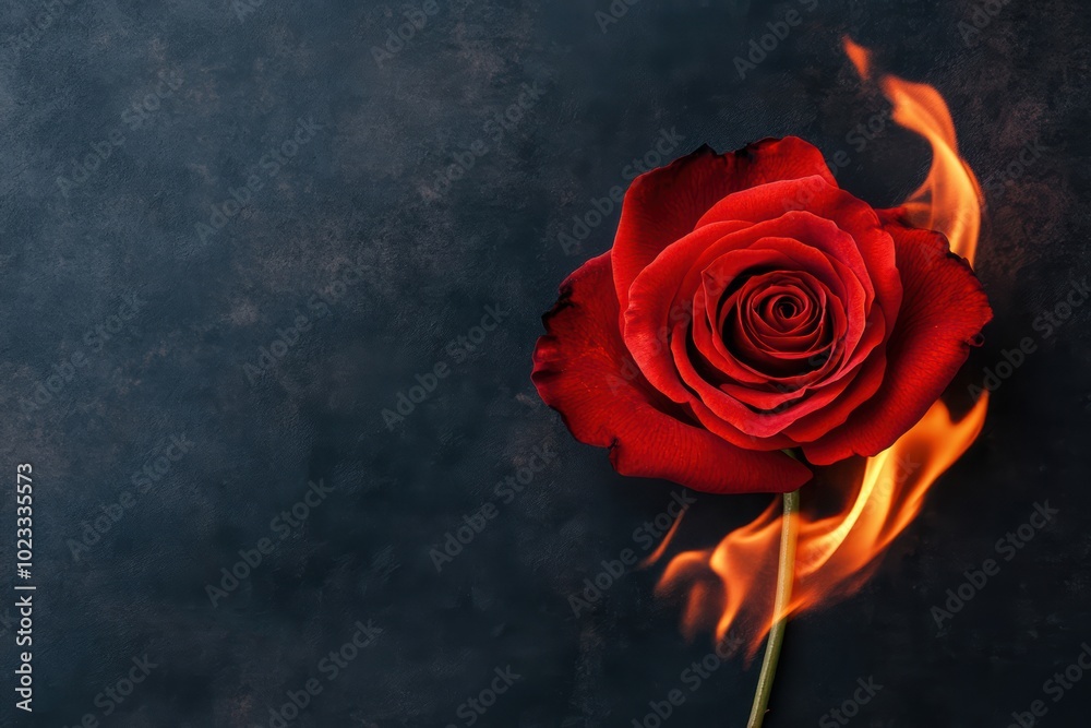 A stunning red rose with vibrant petals surrounded by flames, symbolizing passion and beauty in a dramatic contrast against a dark background. A stunning red rose with vibrant petals surrounded by flames, symbolizing passion and beauty in a dramatic contrast against a dark background.