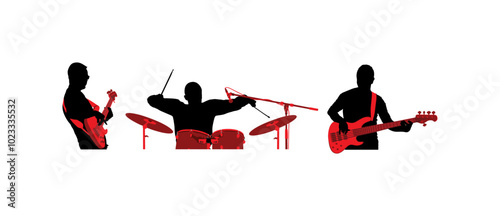 Rock and roll band vector silhouette illustration isolated. Musician play bass guitar and drums on stage. Super star music concert show. Drummer and guitarists players shape shadow. Singer artist.