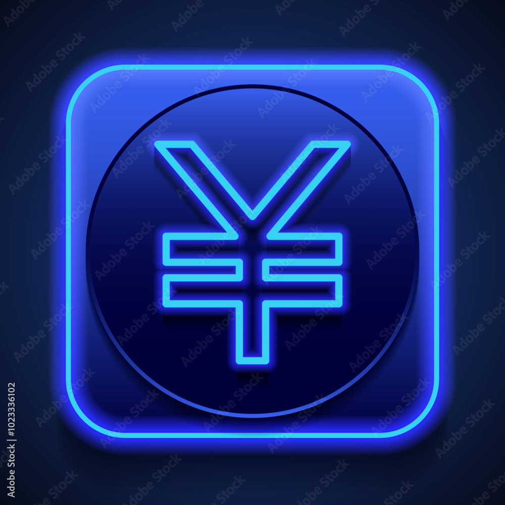 Yen simple icon vector. Flat design. Blue neon style on button. With shadow Yen simple icon vector. Flat design. Blue neon style on button. With shadow