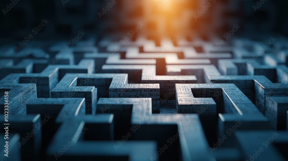 Intricate 3D maze with glowing light breaking the darkness at dawn Intricate 3D maze with glowing light breaking the darkness at dawn