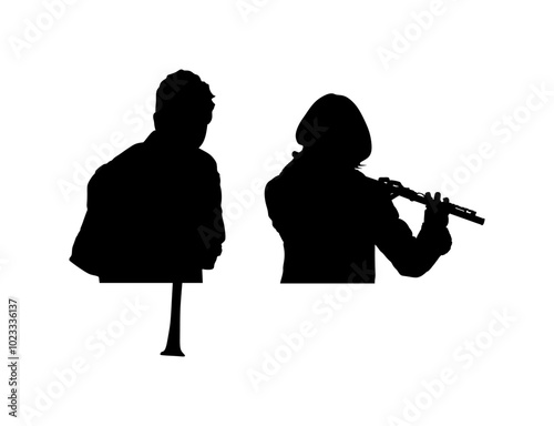 Artist boy playing clarinet duet with flutist girl vector silhouette illustration isolated. Performer flute clarinet shape shadow. Musician flutist man woman audio art. Artist blowing wind instrument.