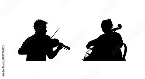 Woman cellist playing cello duet with violin man vector silhouette illustration isolated. Music artist duo girl and boy string instrument. Jazz lady performer. Musician play cello. Classic music event