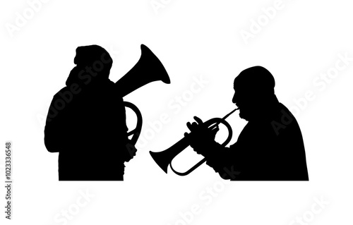 Musician player boy tenor horn duet vs trumpet man vector silhouette illustration isolated. Music duo artist men play wind instrument. Jazz man saxhorn. Bugler performer male trumpeter shape shadow.