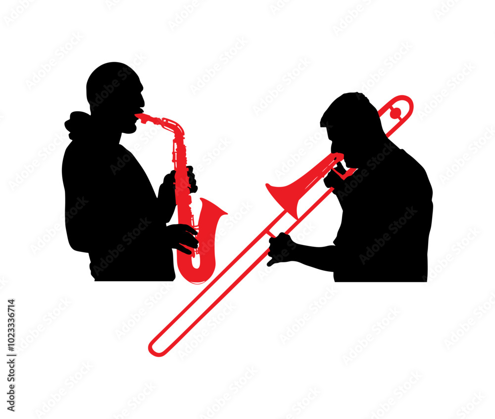 Duo Trombone and trumpet players vector silhouette illustration isolated. Duet Music man play wind instrument. Artist boy jazz band. Bugler street performer. Saxophone musician shape shadow play.