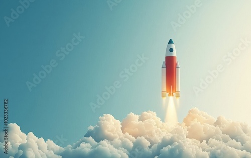 A vibrant rocket soaring into a clear blue sky, surrounded by fluffy white clouds, symbolizing adventure and exploration in space.