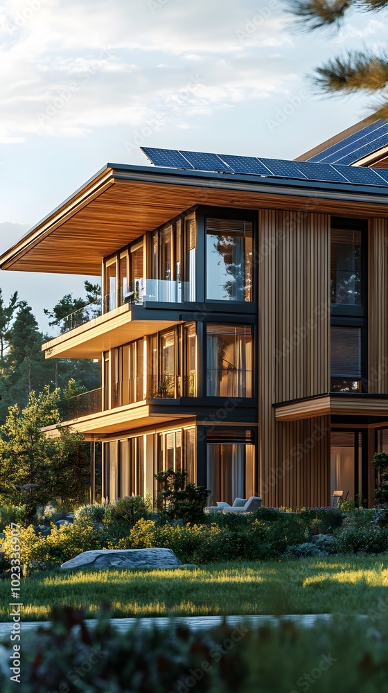 Fototapeta premium A modern, wooden, terraced apartment complex with solar panels on the roof