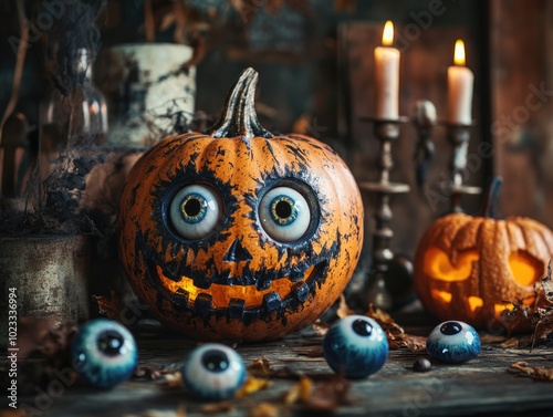 Creative Halloween Still Life with Eyeballs and Pumpkin