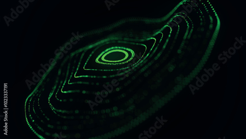 Abstract background with dynamic wave. Circular wave of dots. Musical sound wave. Dark background. Big data visualization. Plexus. Vector illustration.