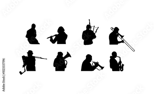 Brass band play vector silhouette. Wind instrument concert jazz event. Music orchestra clarinet, flute, trumpet, bugler, saxophone, trombone, tenor horn, flutist, bagpiper. Musician entertainment